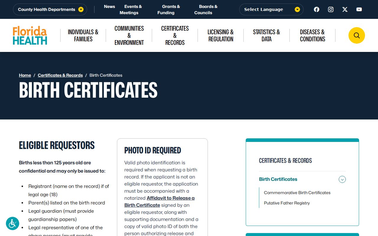 Winter Haven previous residents birth certificate eligibility rules