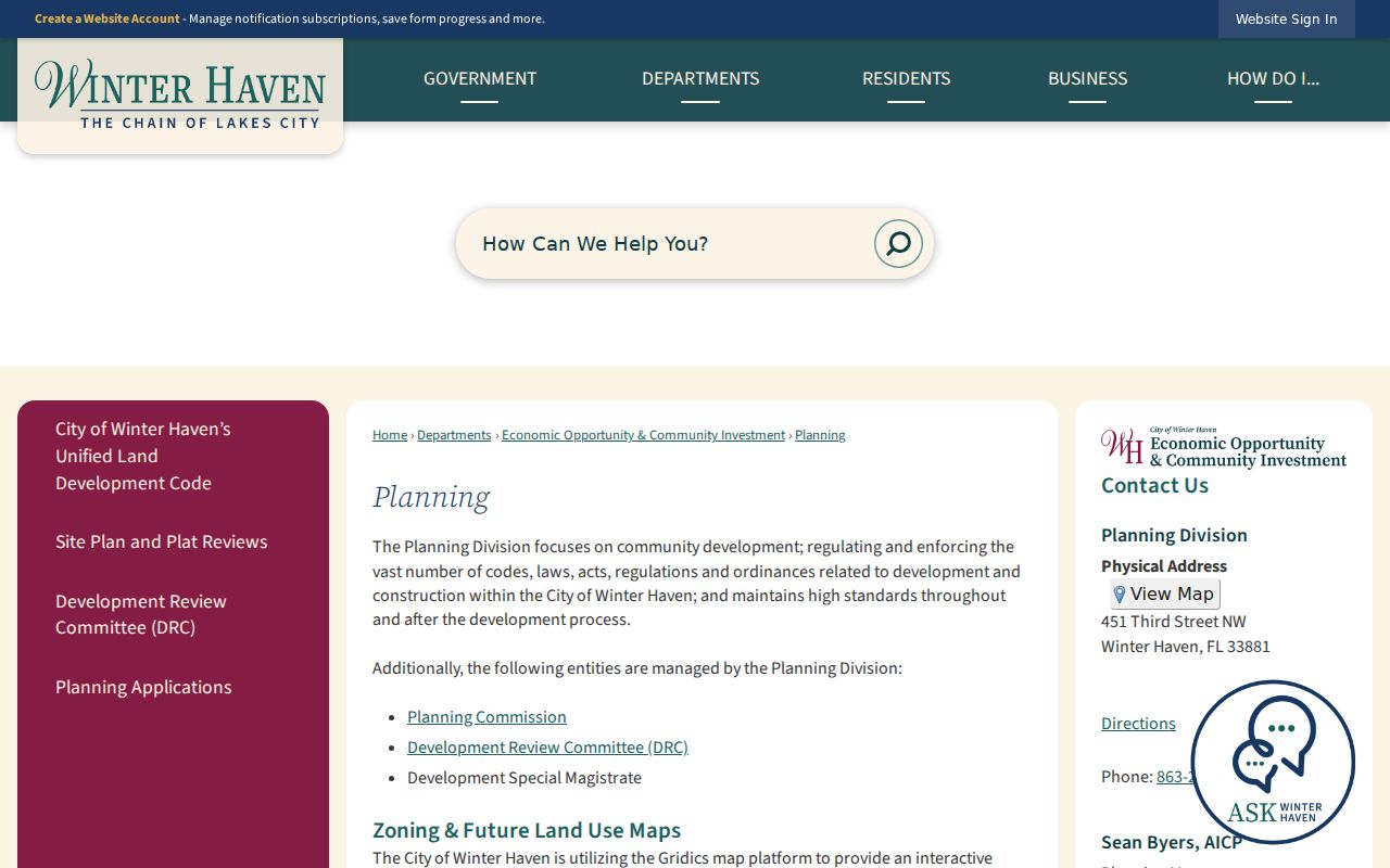 Winter Haven Planning page with parcel zoning and future-land-use map access