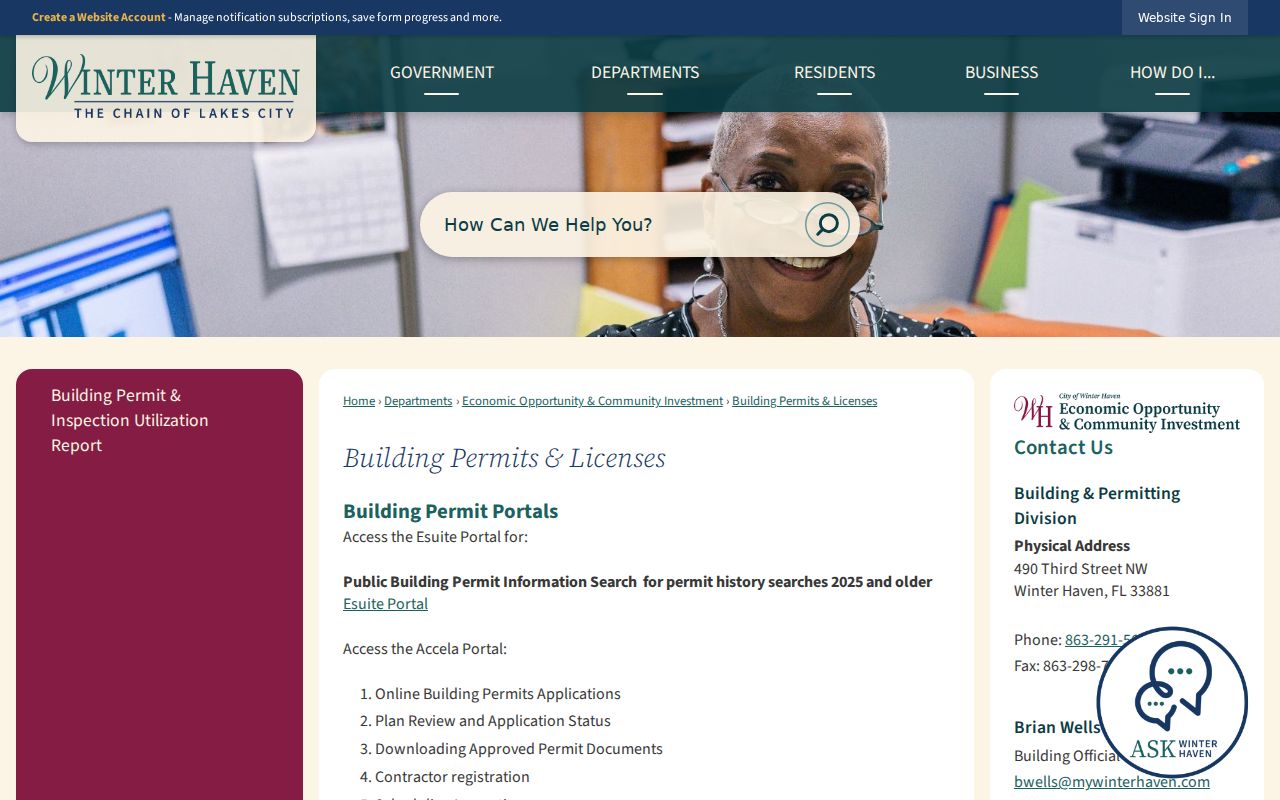 Winter Haven building permit page showing old and new address-search routes
